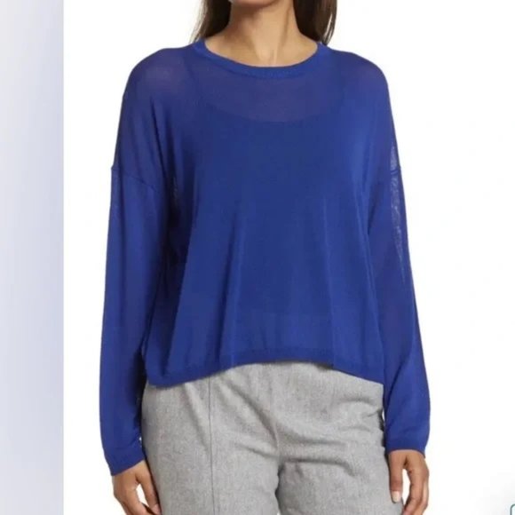 Eileen Fisher NEW Tencel Boxy Crewneck Top Sweater Size L Royal Blue $218